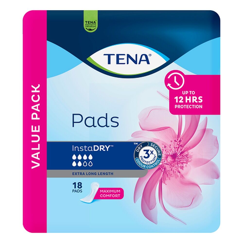 Tena InstaDry Extra Long Length Pads 18 Pack x 3