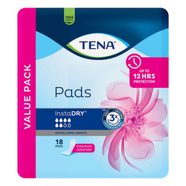 Tena InstaDry Extra Long Length Pads 18 Pack x 3
