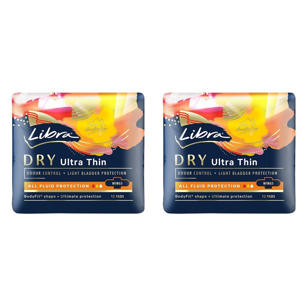 Libra Ultra Thin Dry Pads with Wings 12 Pack x 6 Bundle of 2
