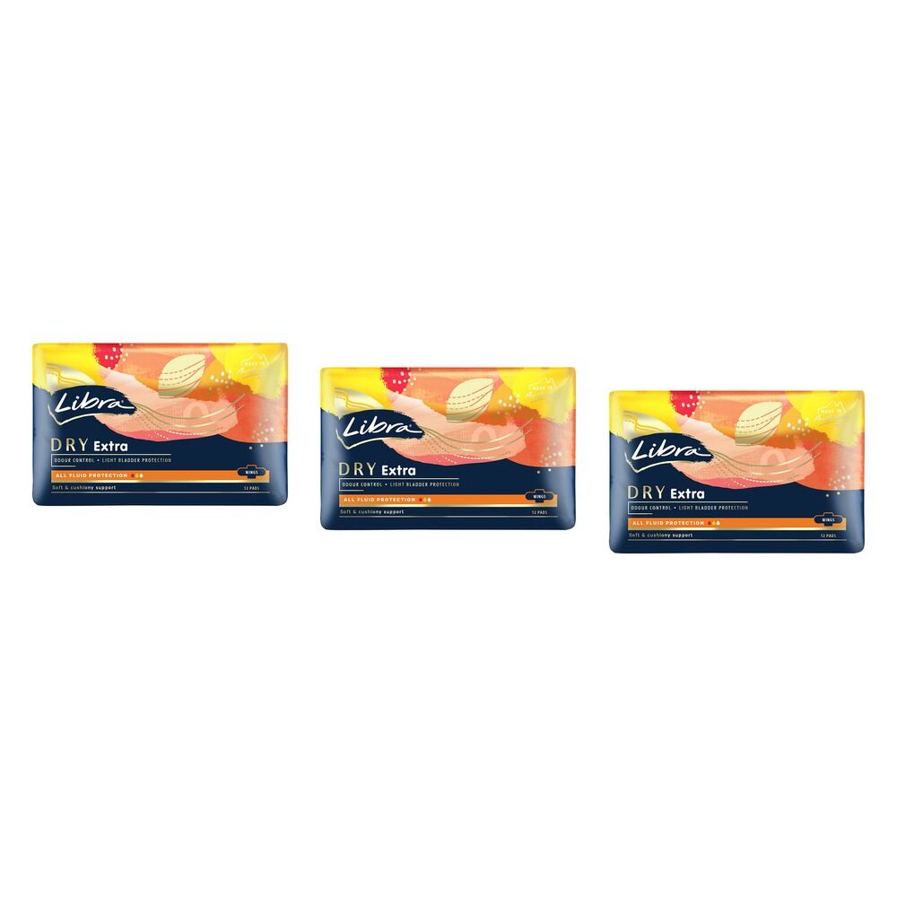 Libra Extra Dry Pads with Wings 12 Pack x 6 Bundle of 3