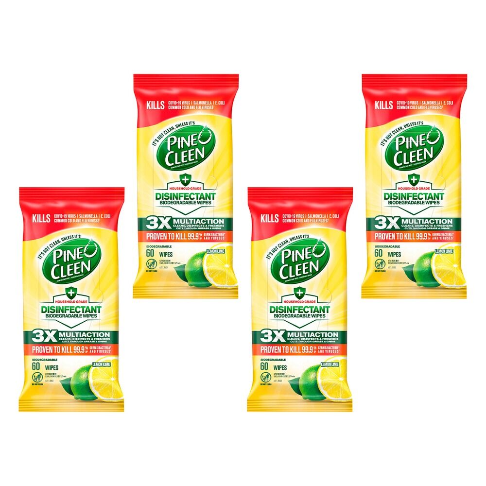 Pine O Cleen Disinfectant Biodegradable Cleaning Wipes Lemon 60 Bundle of 4