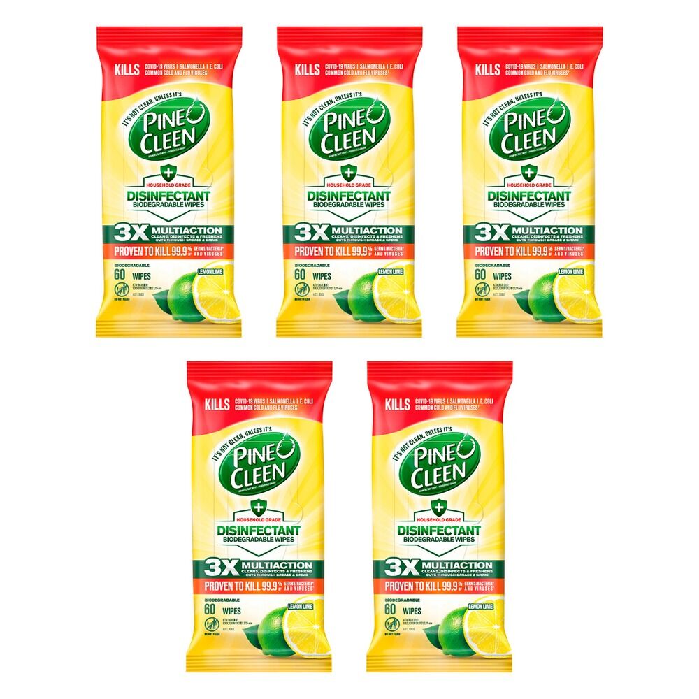 Pine O Cleen Disinfectant Biodegradable Cleaning Wipes Lemon 60 Bundle of 5