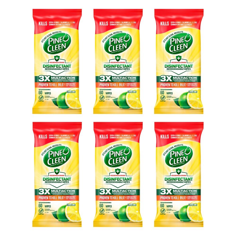 Pine O Cleen Disinfectant Biodegradable Cleaning Wipes Lemon 60 Bundle of 6