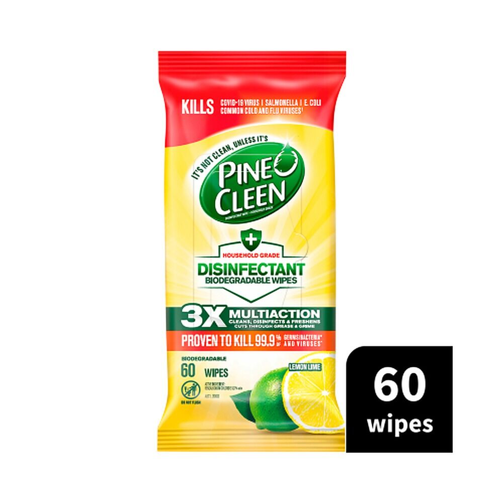 Pine O Cleen Disinfectant Biodegradable Cleaning Wipes Lemon 60 Pack x 6