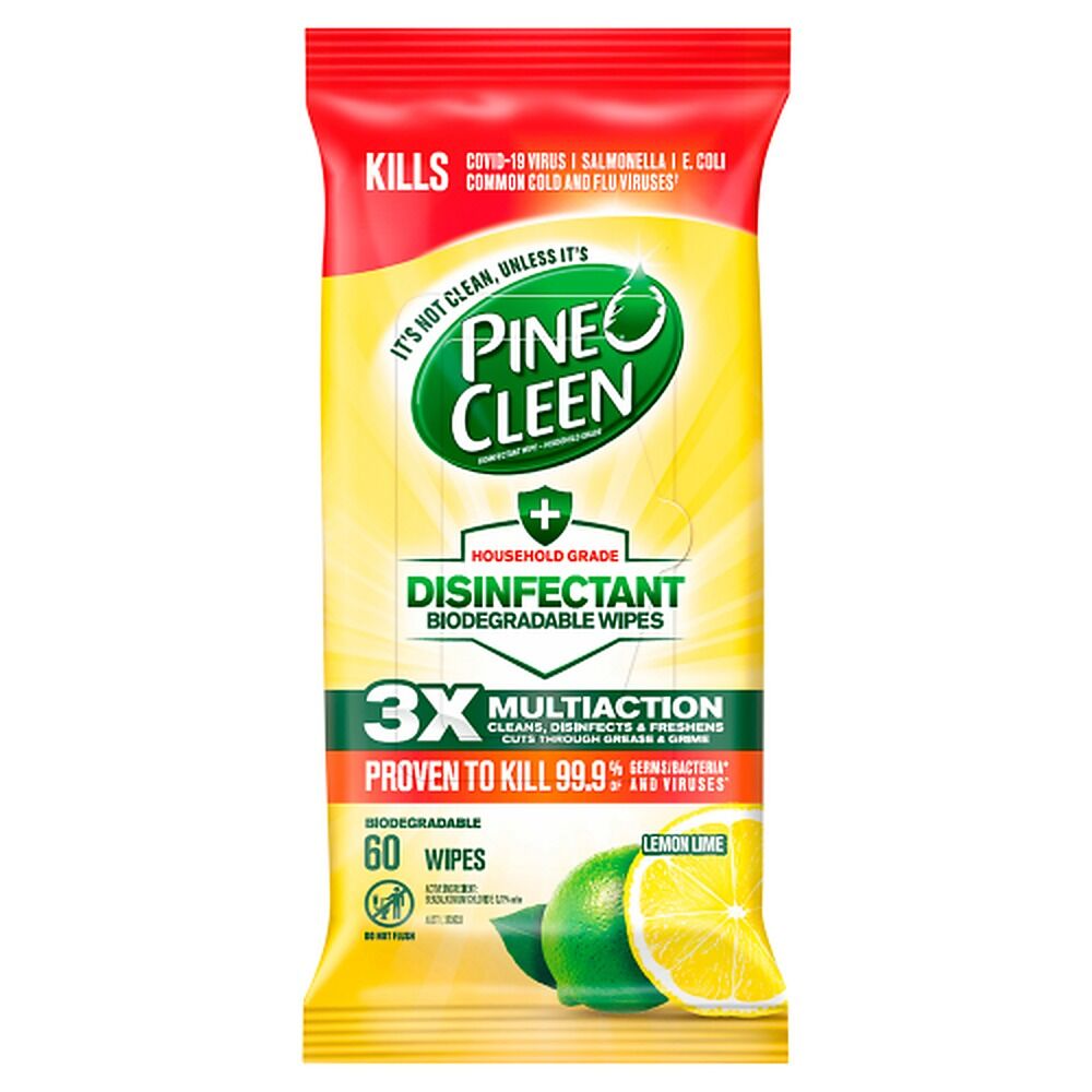 Pine O Cleen Disinfectant Biodegradable Cleaning Wipes Lemon 60 Pack