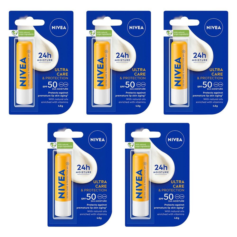 NIVEA Ultra Care & Protection Lip Balm SPF 50 4.8g x 8 Bundle of 5