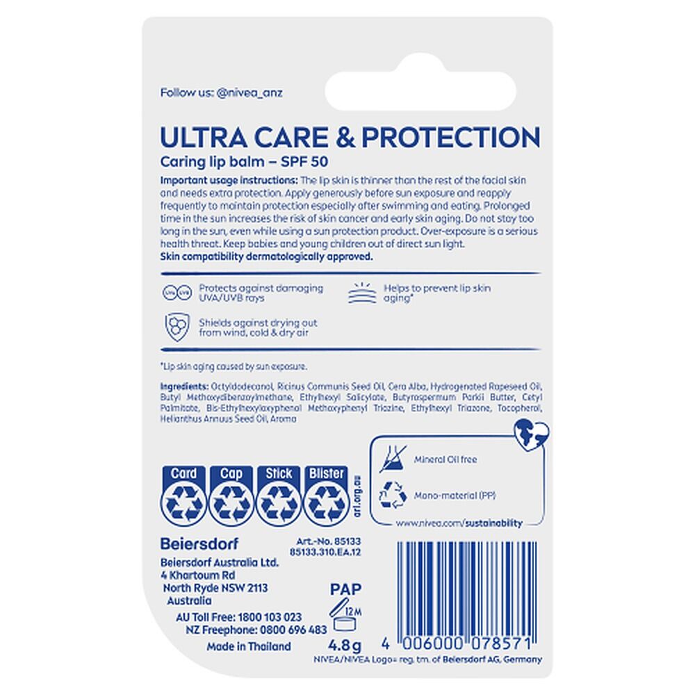 NIVEA Ultra Care & Protection Lip Balm SPF 50 4.8g x 8