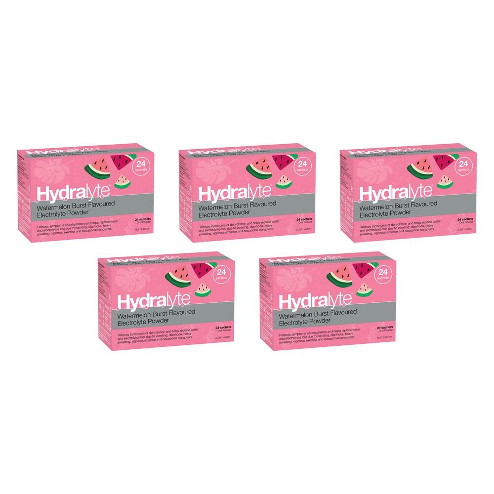 Hydralyte Watermelon Burst Flavoured Electrolyte Powder 24 Sachets Pack of 5