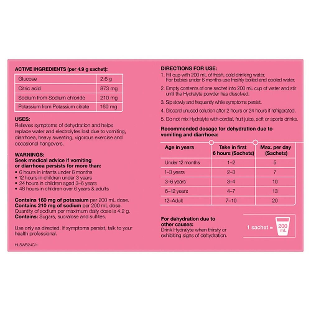Hydralyte Watermelon Burst Flavoured Electrolyte Powder 24 Sachets