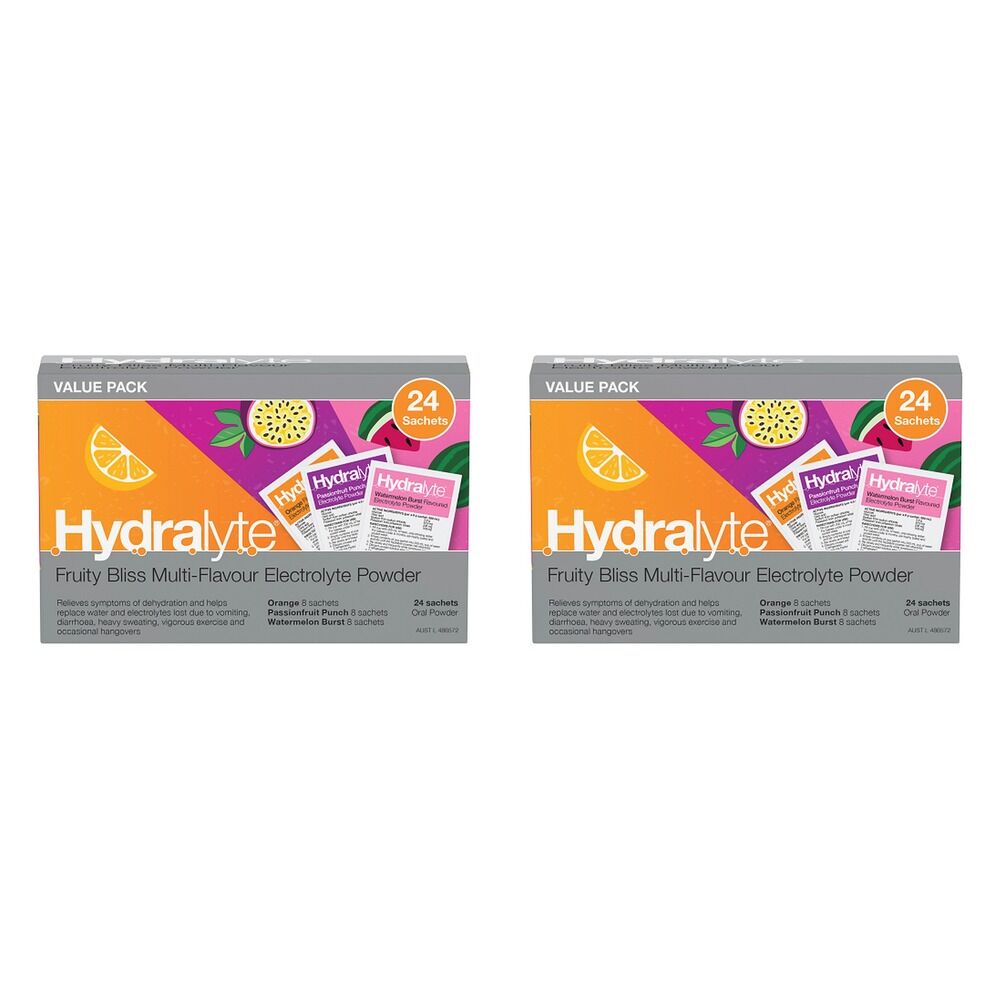 Hydralyte Fruity Bliss Multi-Flavour Electrolyte Powder 24 Sachets Pack of 2