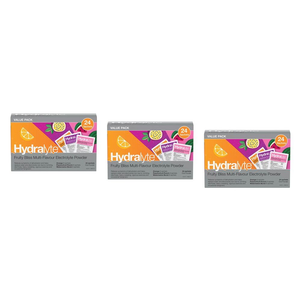 Hydralyte Fruity Bliss Multi-Flavour Electrolyte Powder 24 Sachets Pack of 3