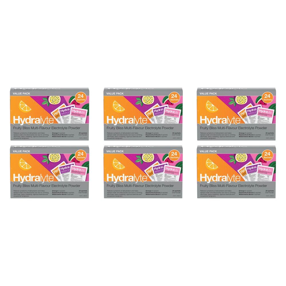 Hydralyte Fruity Bliss Multi-Flavour Electrolyte Powder 24 Sachets Pack of 6