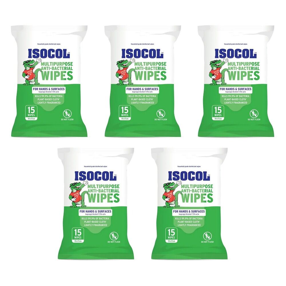 Isocol Multipurpose Anti-Bacterial Wipes 15 Pack Bundle of 5