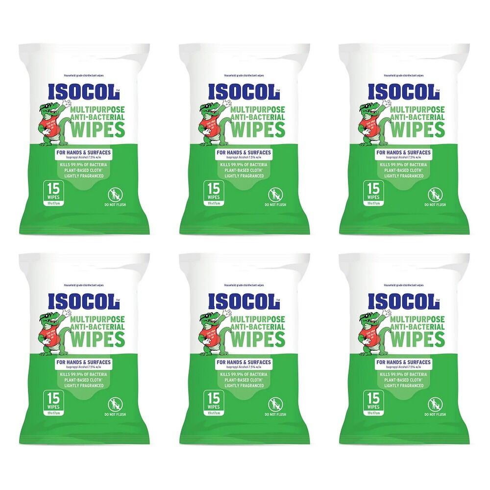 Isocol Multipurpose Anti-Bacterial Wipes 15 Pack Bundle of 6
