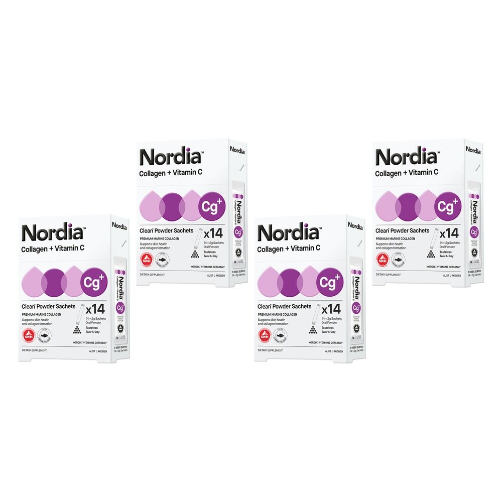 Nordia Collagen + Vitamin C Unflavoured Powder 14 x 2g Sachets Pack of 4
