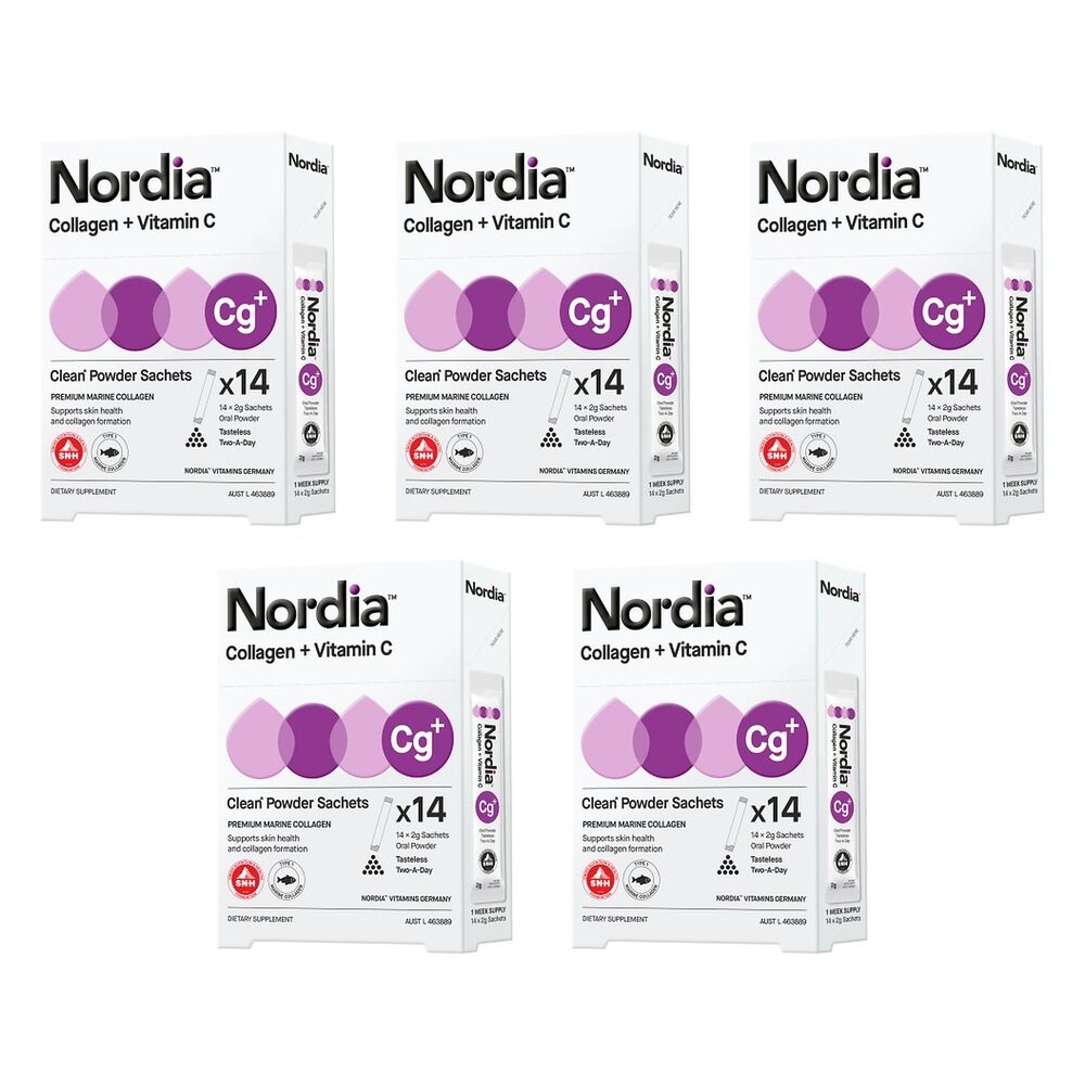 Nordia Collagen + Vitamin C Unflavoured Powder 14 x 2g Sachets Pack of 5