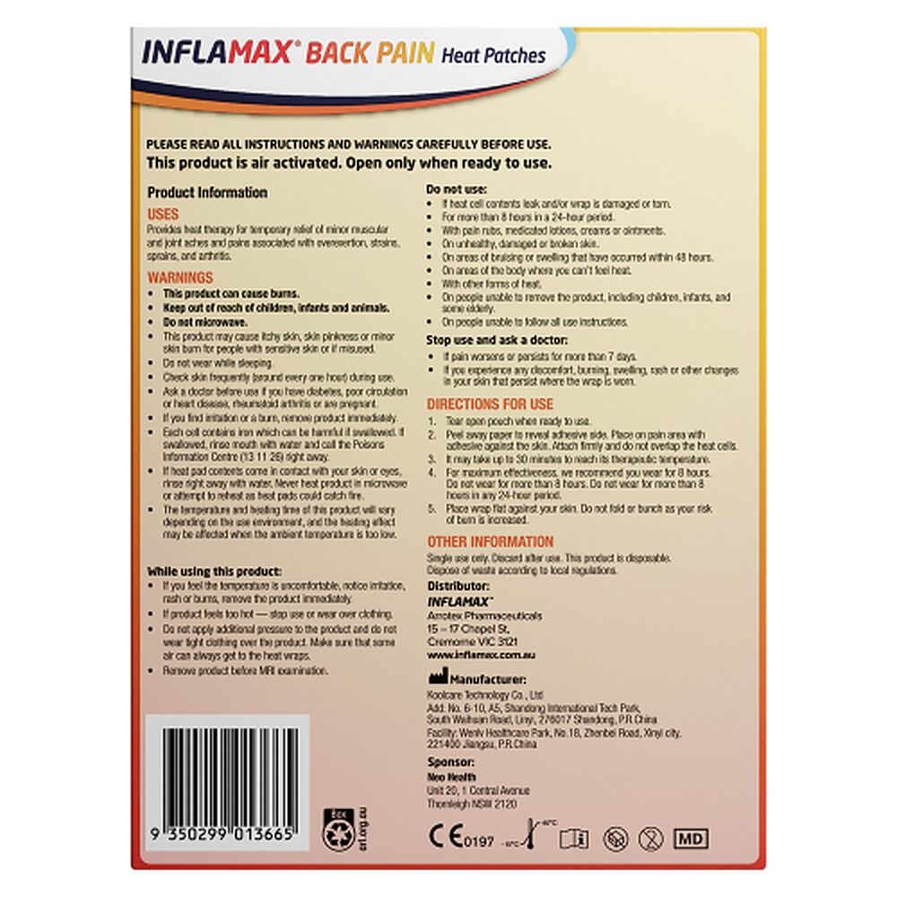 Inflamax Back Pain Heat Patches XL 2 Pack