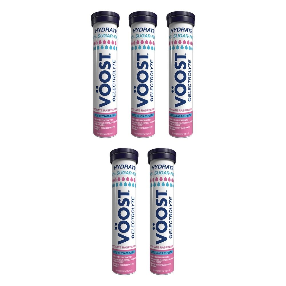 Voost Hydrate 98% Sugar Free Raspberry Effervescent Tablets 20 Pack Bundle of 5
