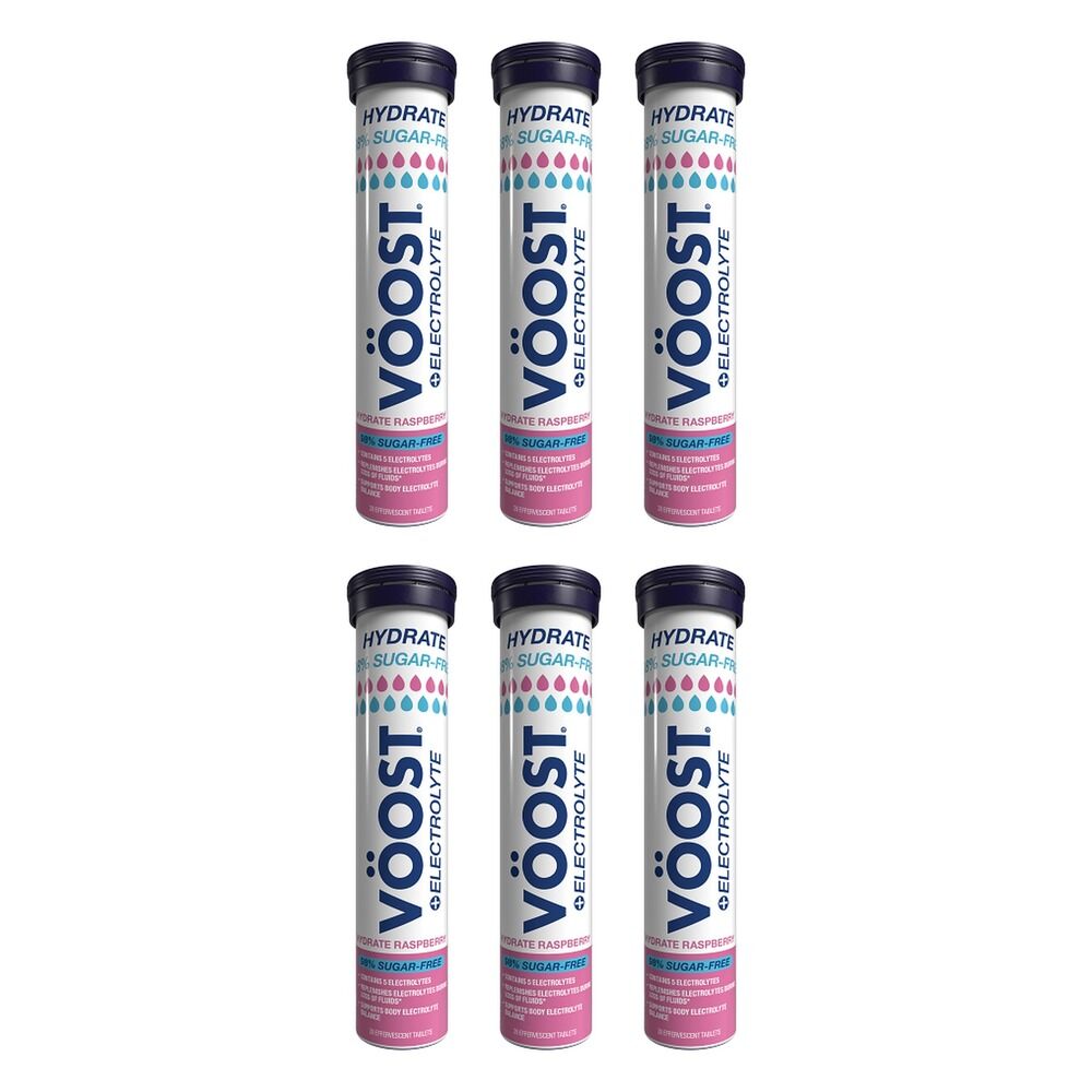 Voost Hydrate 98% Sugar Free Raspberry Effervescent Tablets 20 Pack Bundle of 6