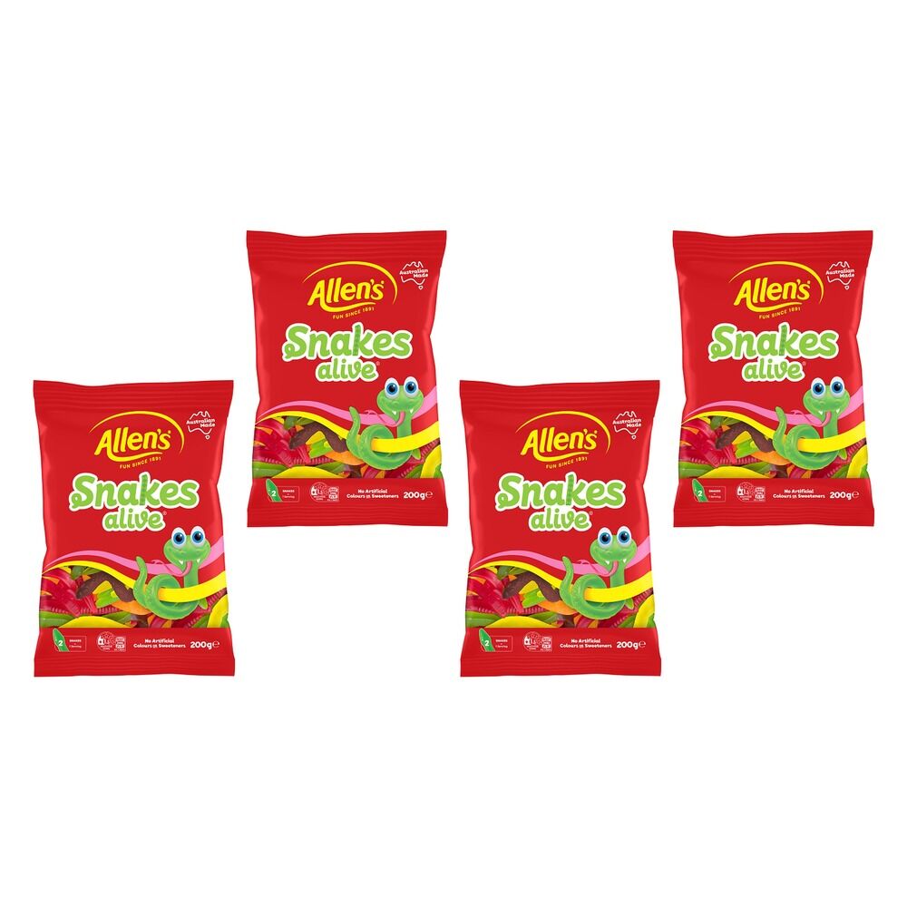 Allen's Snakes Alive Lollies Bag 200g x 12 Bundle of 4