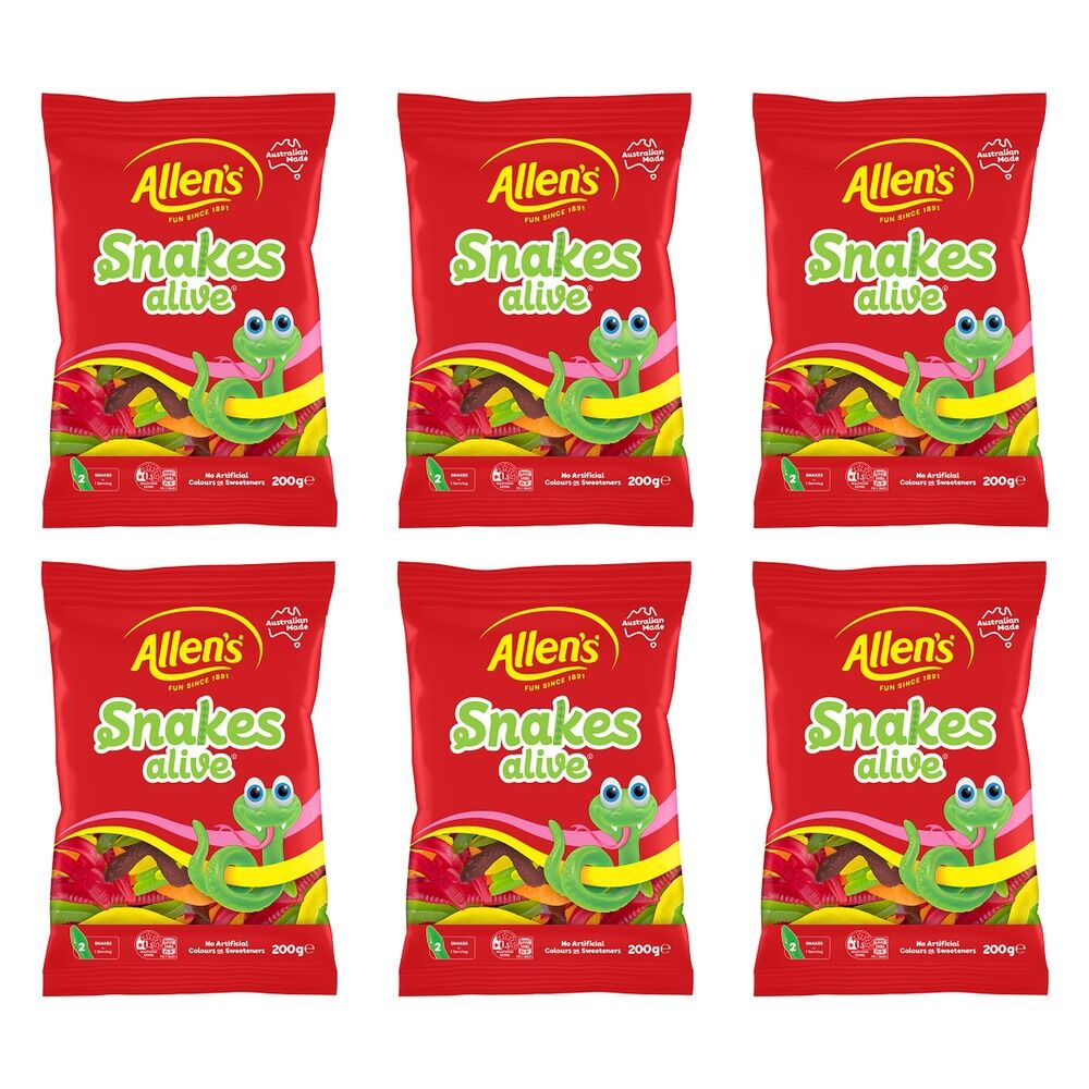 Allen's Snakes Alive Lollies Bag 200g x 12 Bundle of 6