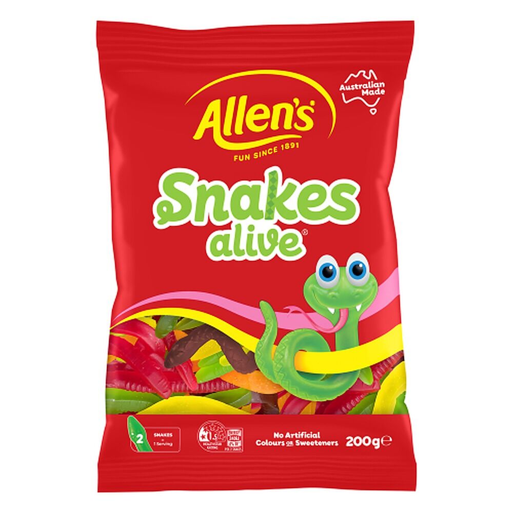 Allen's Snakes Alive Lollies Bag 200g x 12