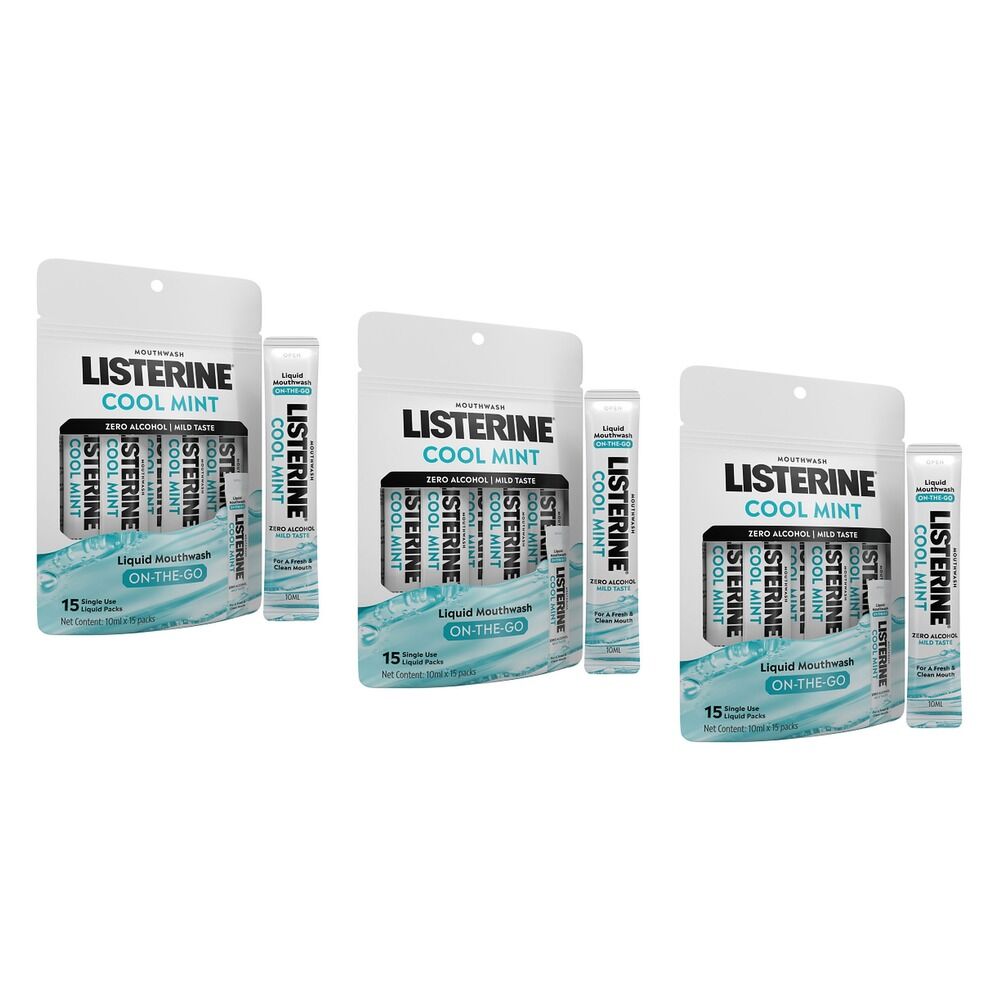 Listerine Liquid Mouthwash On-The-Go Cool Mint 10mL x 15 Sachets Pack of 3