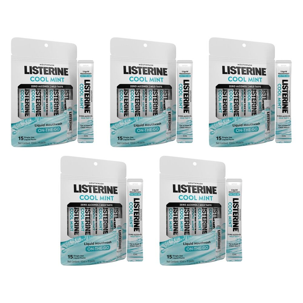Listerine Liquid Mouthwash On-The-Go Cool Mint 10mL x 15 Sachets Pack of 5