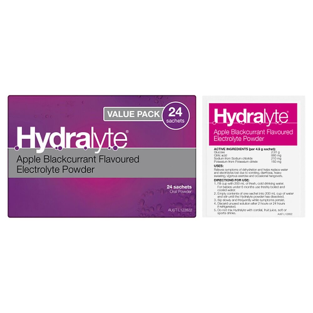 Hydralyte Apple Blackcurrant Electrolyte Powder Value Pack 24 Sachets