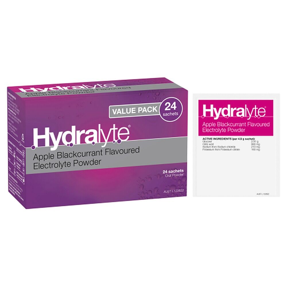 Hydralyte Apple Blackcurrant Electrolyte Powder Value Pack 24 Sachets