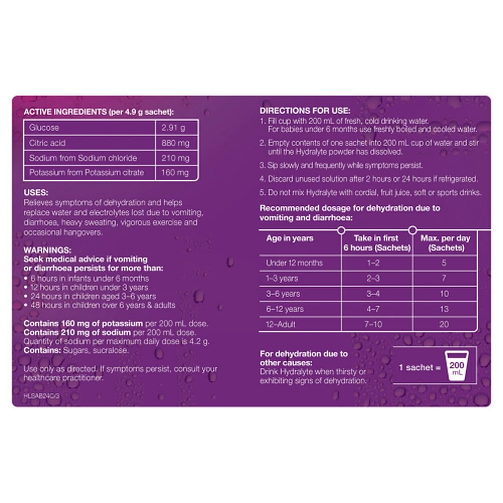Hydralyte Apple Blackcurrant Electrolyte Powder Value Pack 24 Sachets