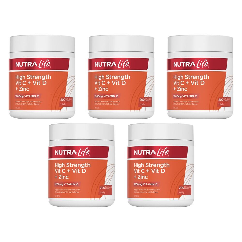 Nutra-Life High Strength Vitamin C + Vitamin D + Zinc 200 Tablets Pack of 5