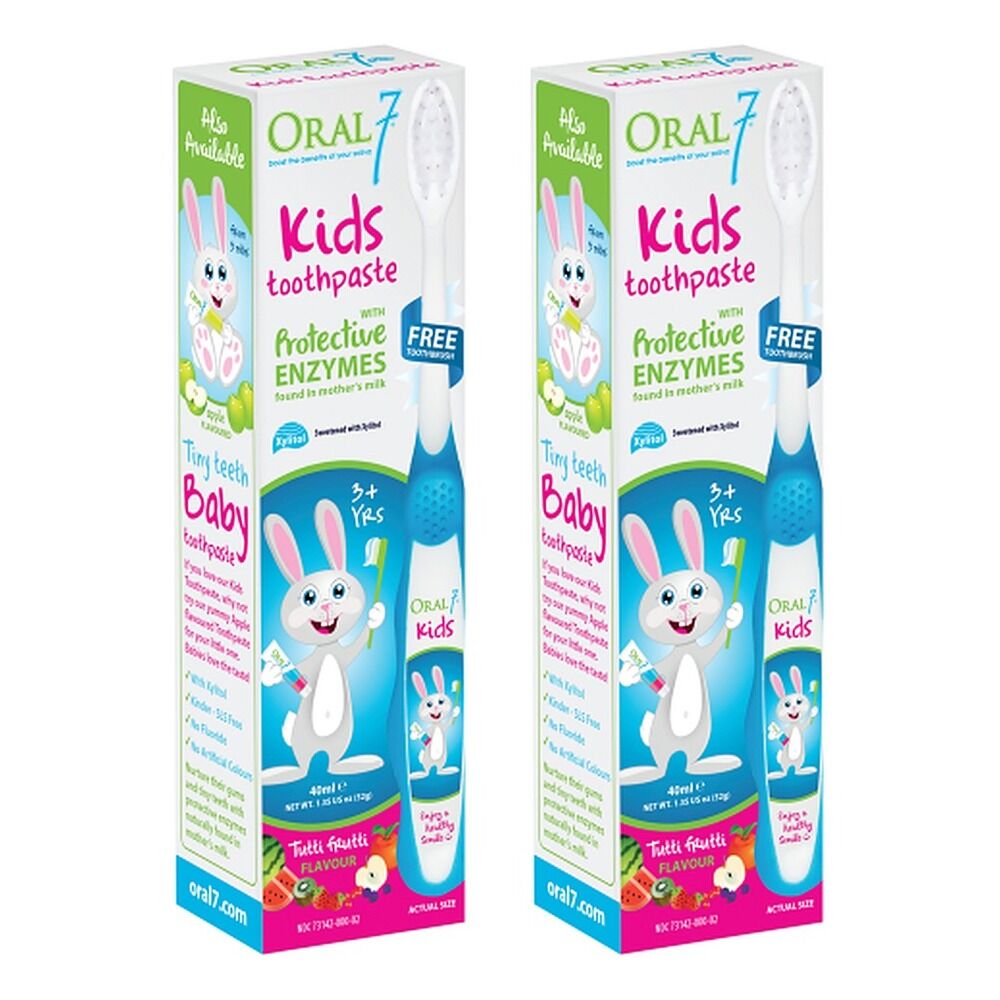 Oral7 Kids Toothpaste with Fluoride, Includes Free Toothbrush, 40mL Pack of 2