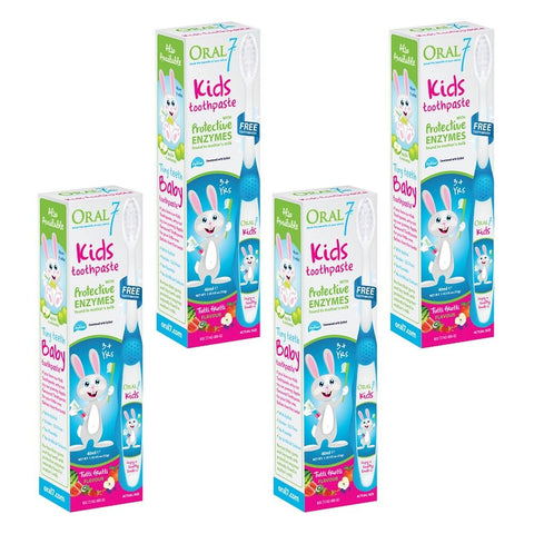 Oral7 Kids Toothpaste with Fluoride, Includes Free Toothbrush, 40mL Pack of 4
