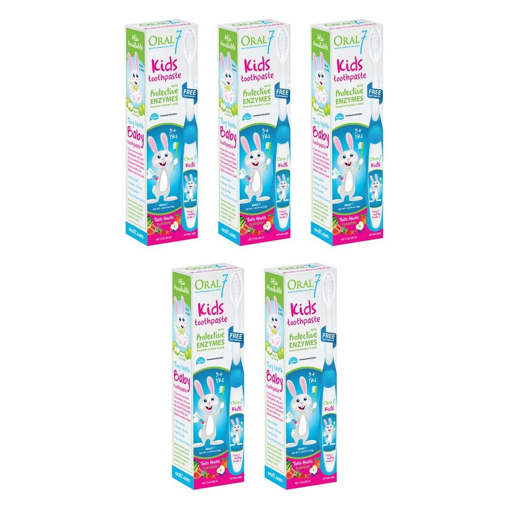 Oral7 Kids Toothpaste with Fluoride, Includes Free Toothbrush, 40mL Pack of 5