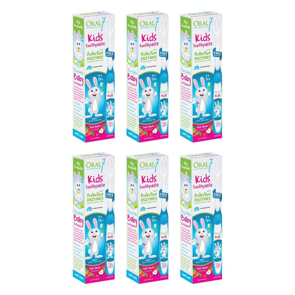 Oral7 Kids Toothpaste with Fluoride, Includes Free Toothbrush, 40mL Pack of 6