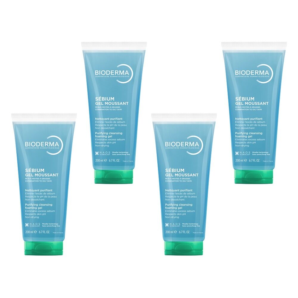 Bioderma Sebium Gel Moussant Purifying Foaming Gel Cleanser 200mL Pack of 4