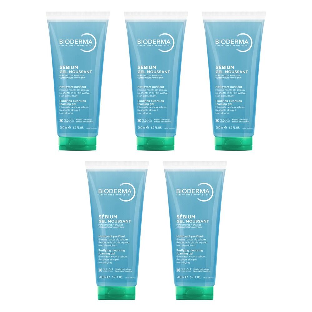 Bioderma Sebium Gel Moussant Purifying Foaming Gel Cleanser 200mL Pack of 5