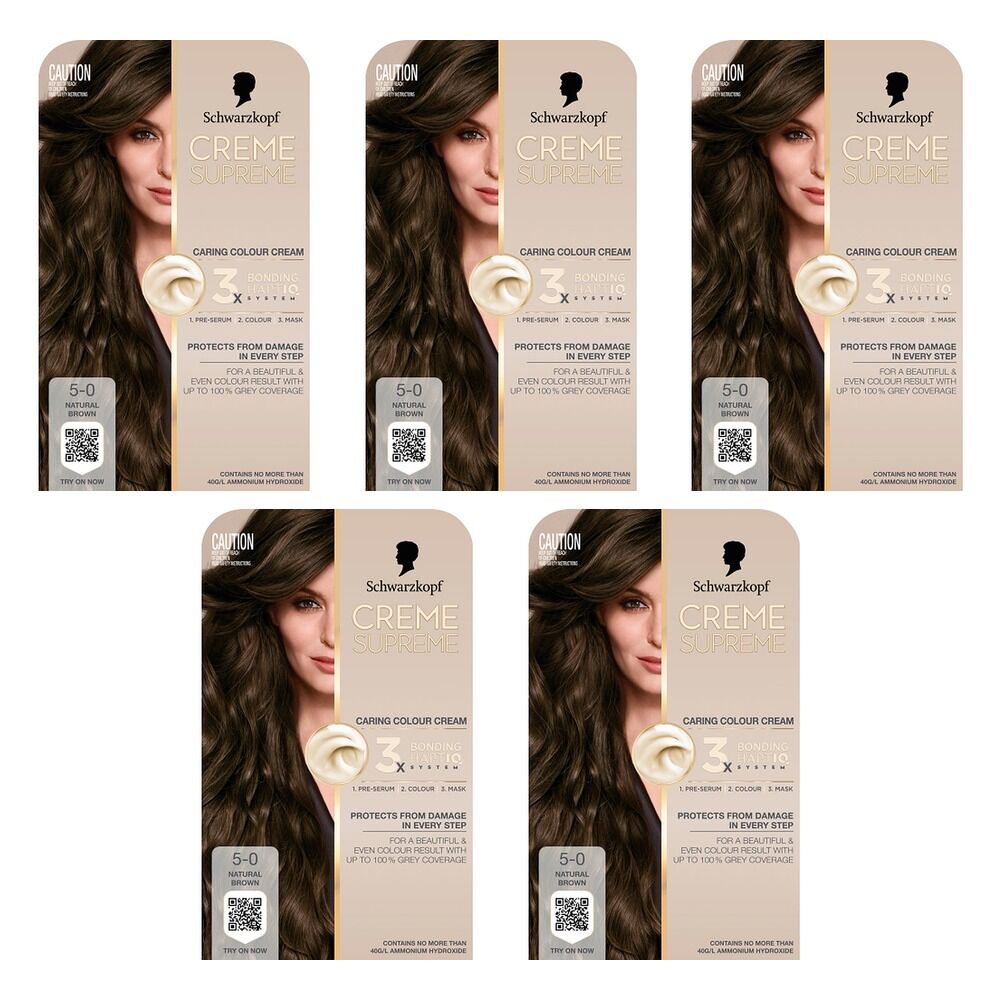 Schwarzkopf Creme Supreme 5-0 Natural Brown Hair Dye 245mL Pack of 5