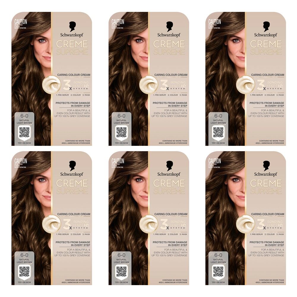 Schwarzkopf Creme Supreme 6-0 Natural Light Brown Hair Dye 245mL Pack of 6