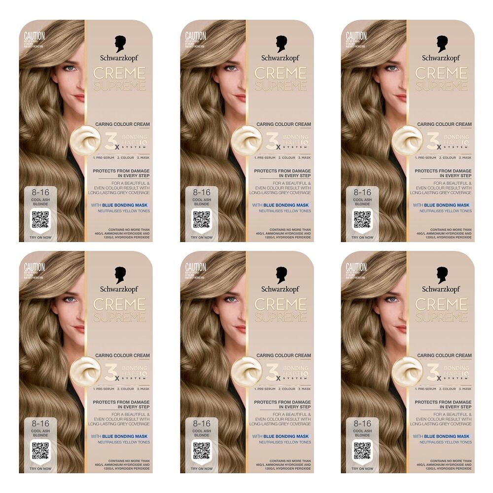 Schwarzkopf Creme Supreme 8-16 Cool Ash Blonde Hair Dye 245mL Pack of 6