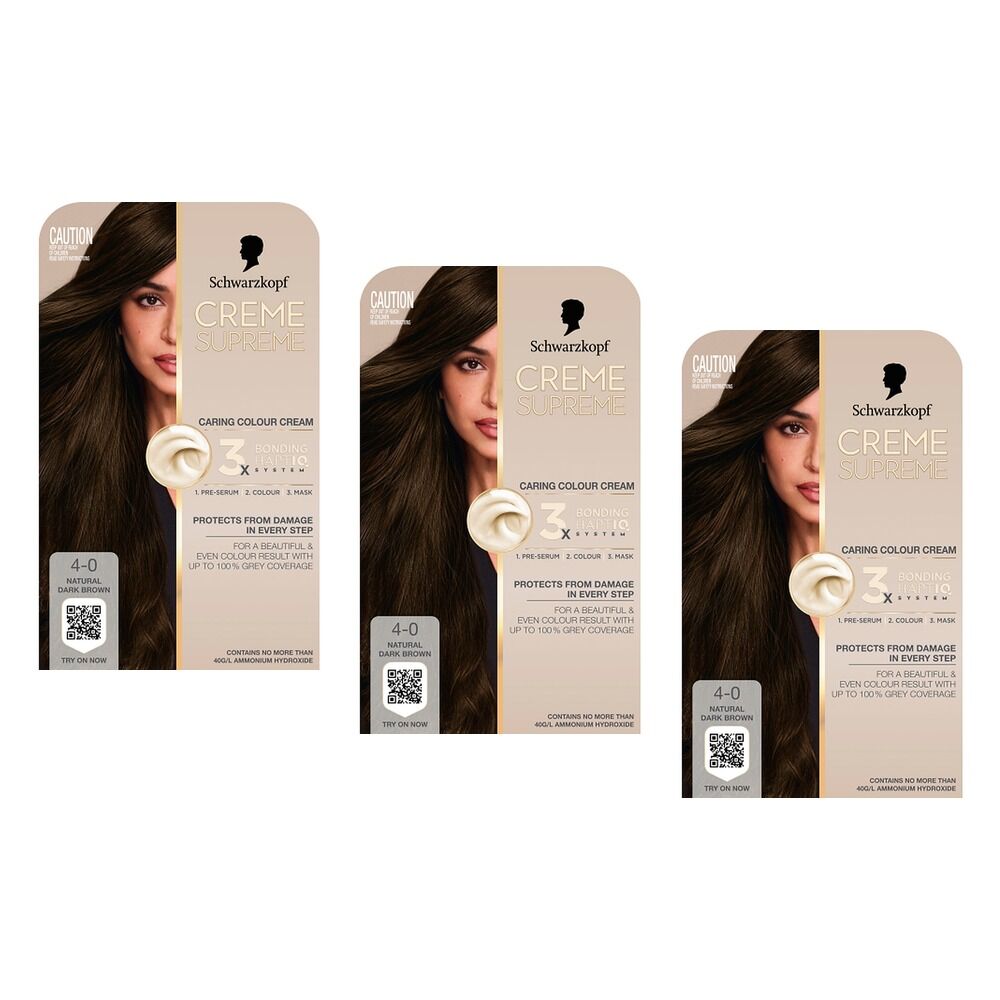 Schwarzkopf Creme Supreme 4-0 Natural Dark Brown Hair Dye 245mL Pack of 3