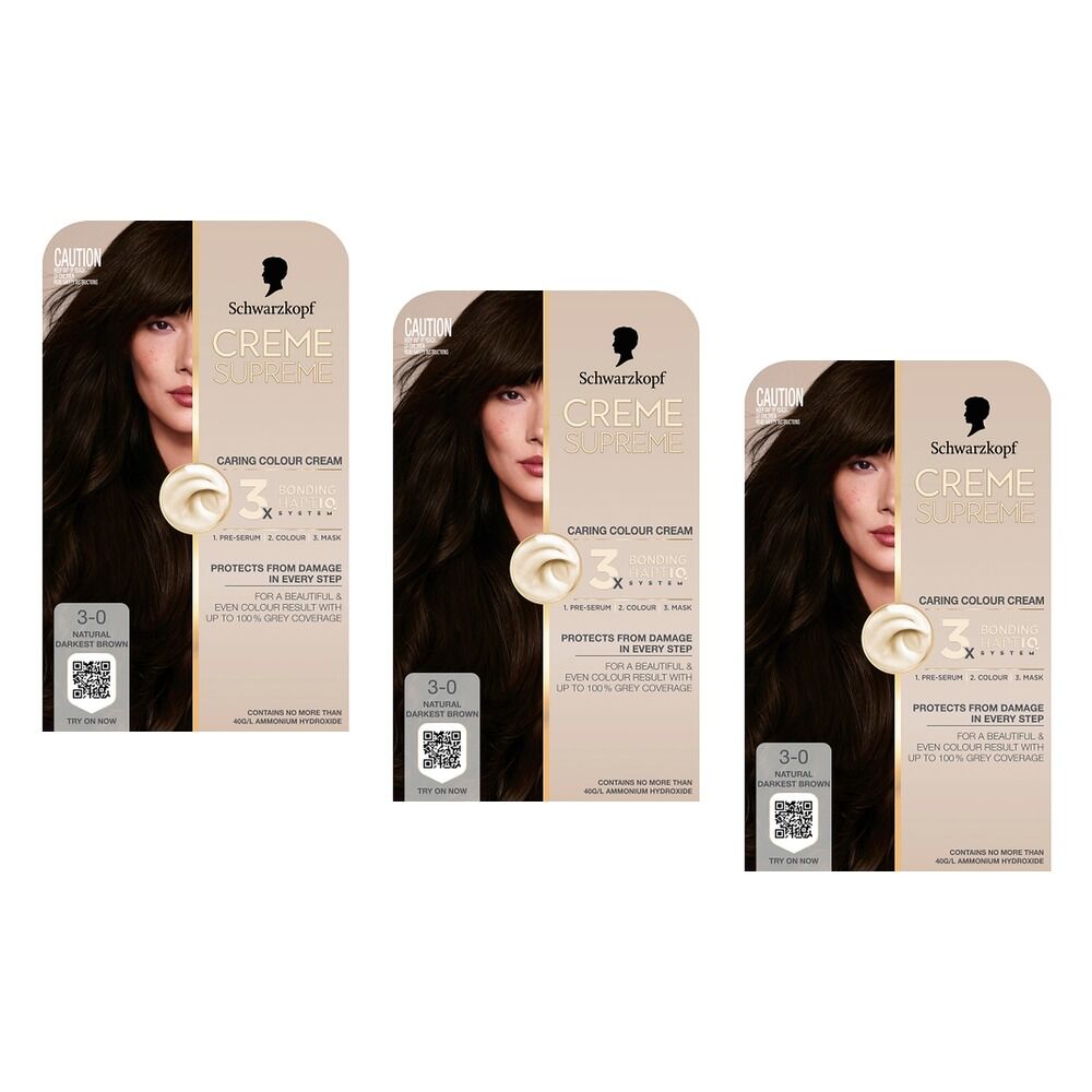 Schwarzkopf Creme Supreme 3-0 Natural Darkest Brown Hair Dye 245mL Pack of 3