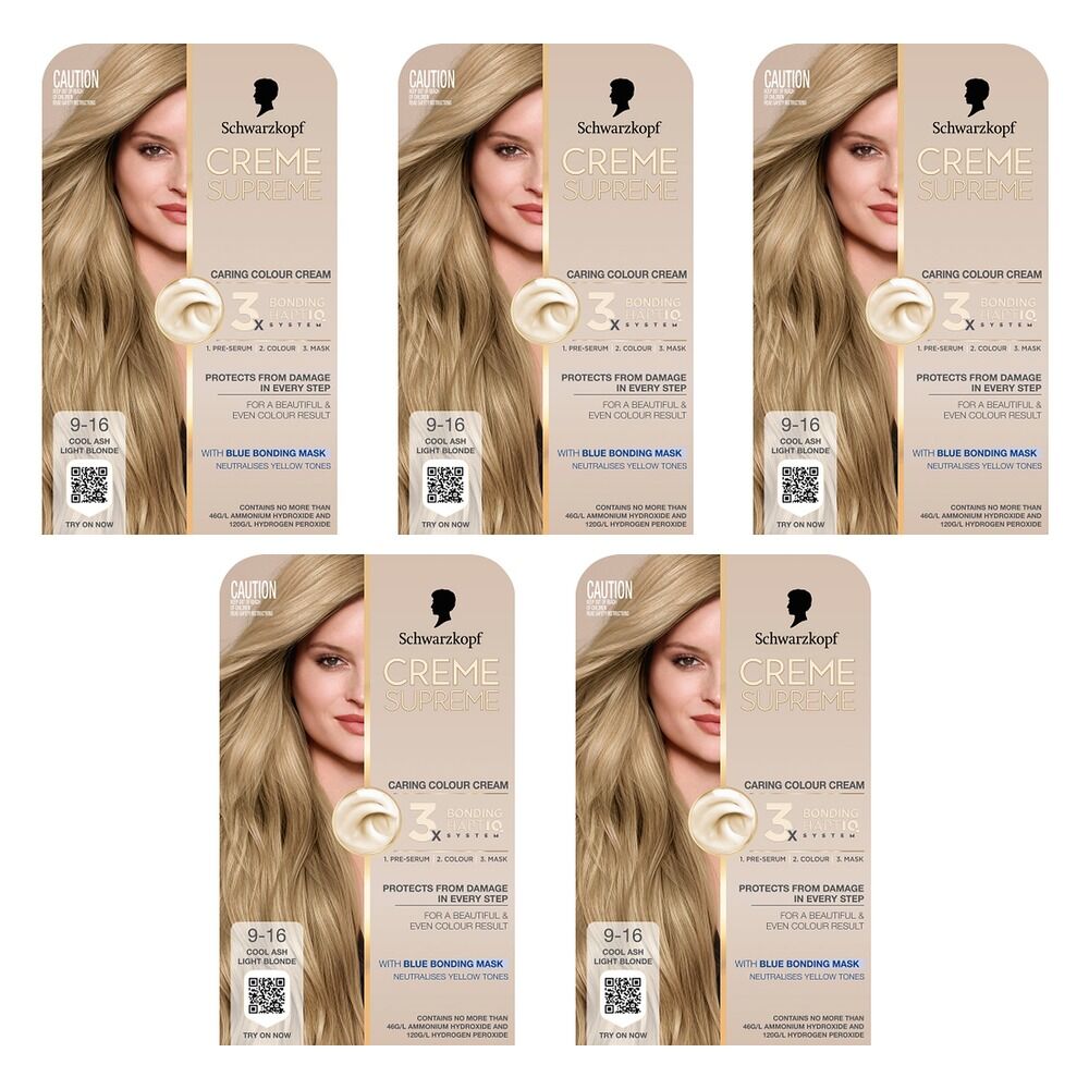 Schwarzkopf Creme Supreme 9-16 Cool Ash Light Blonde Hair Dye 245mL Pack of 5