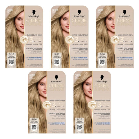Schwarzkopf Creme Supreme 9-16 Cool Ash Light Blonde Hair Dye 245mL Pack of 5