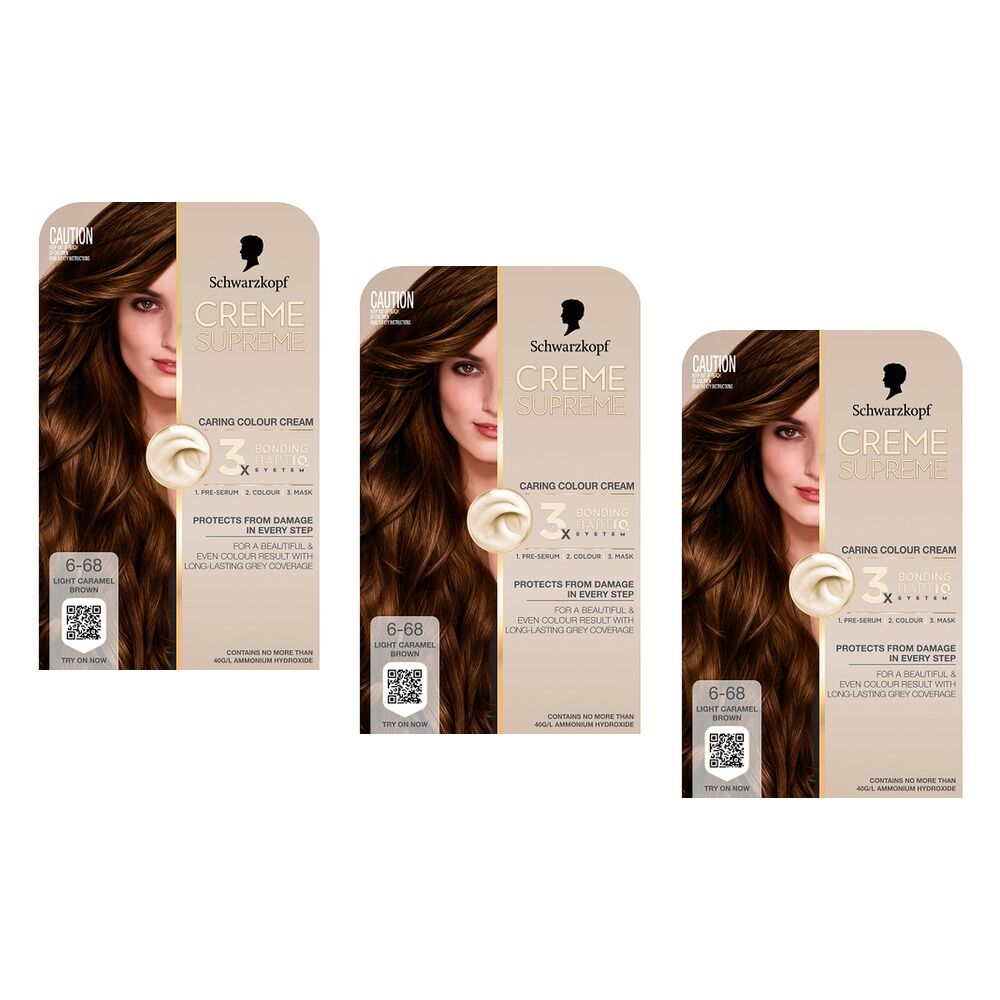 Schwarzkopf Creme Supreme 6-68 Light Caramel Brown Hair Dye 245mL Pack of 3