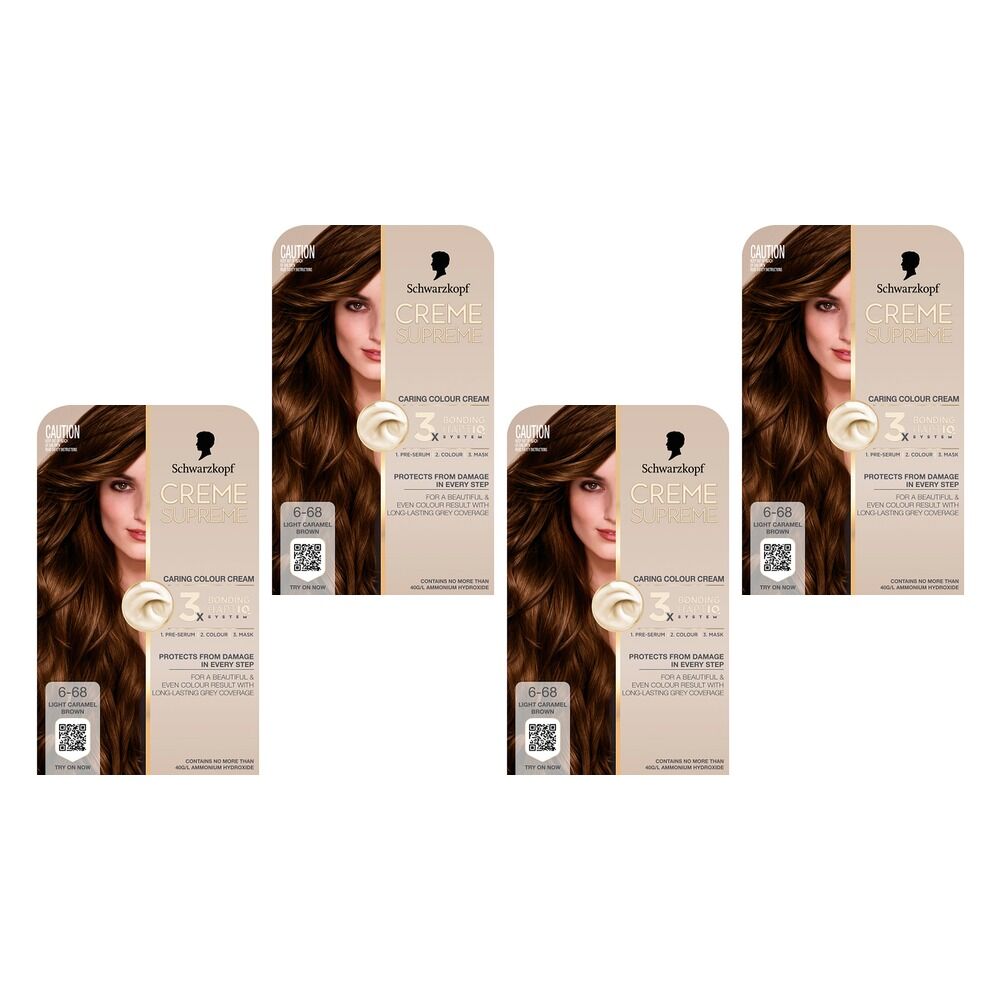 Schwarzkopf Creme Supreme 6-68 Light Caramel Brown Hair Dye 245mL Pack of 4