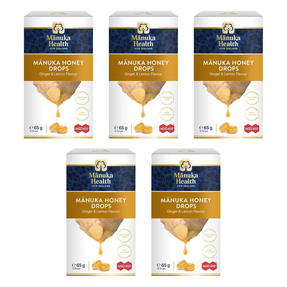 Manuka Health MGO 400+ Manuka Honey Drops Ginger & Lemon 65g Pack of 5