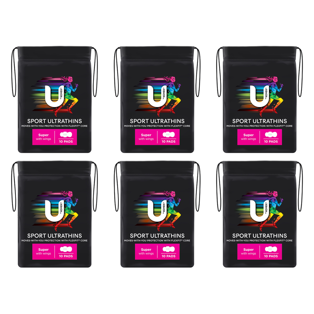 U By Kotex Sport Ultrathin Super Pads with Wings 10 Pack Bundle of 6