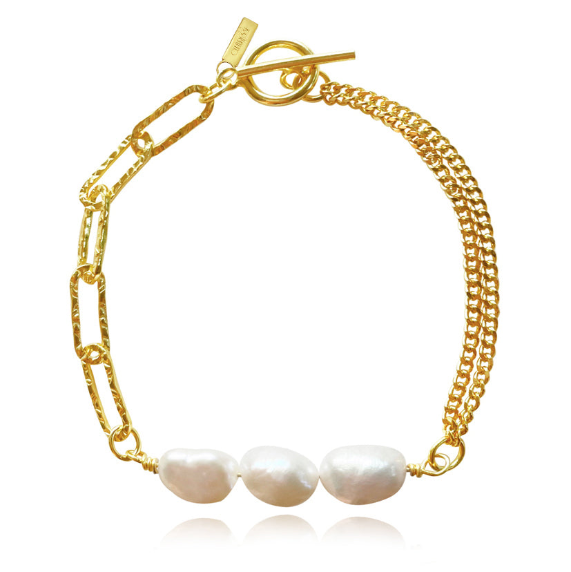 Culturesse Anouk Freshwater Pearl Dual Chain Bracelet (Gold Vermeil)